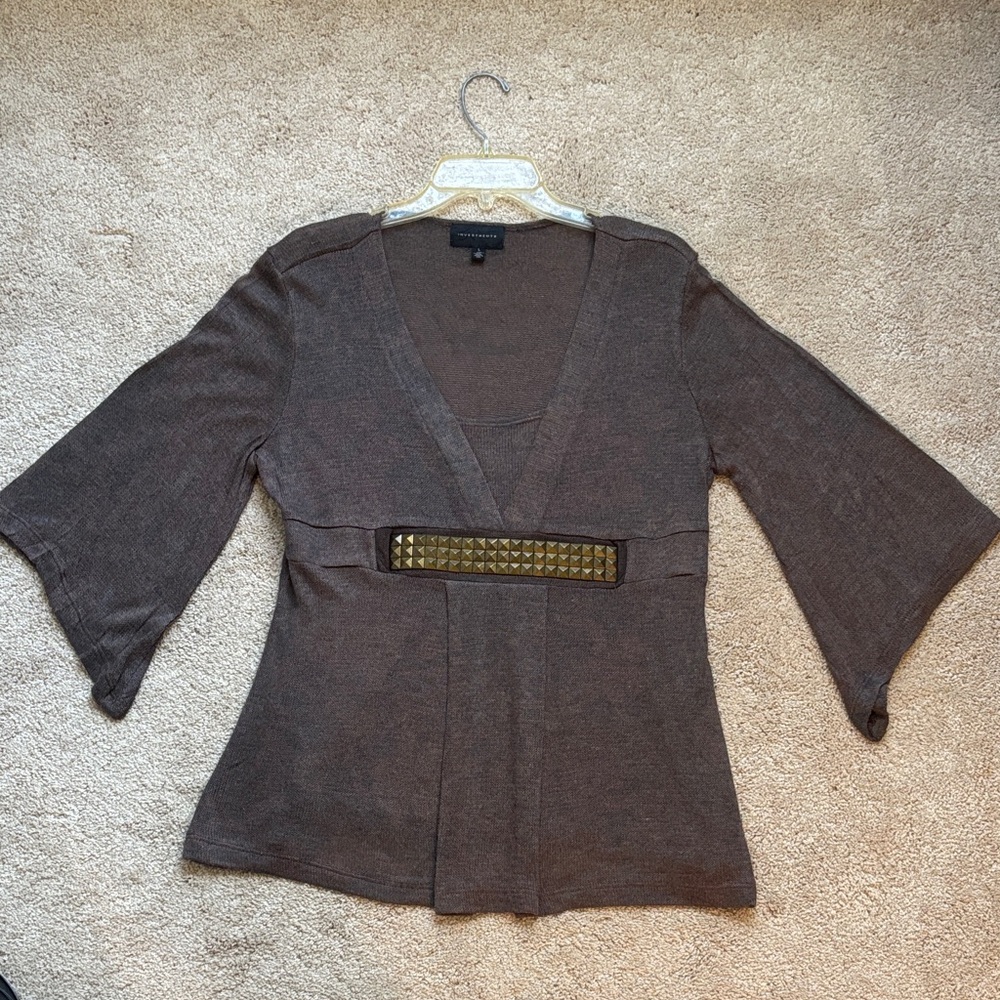 Investments Chocolate V-Neck Sweater with Embellished Belt.  Lightweight knit.